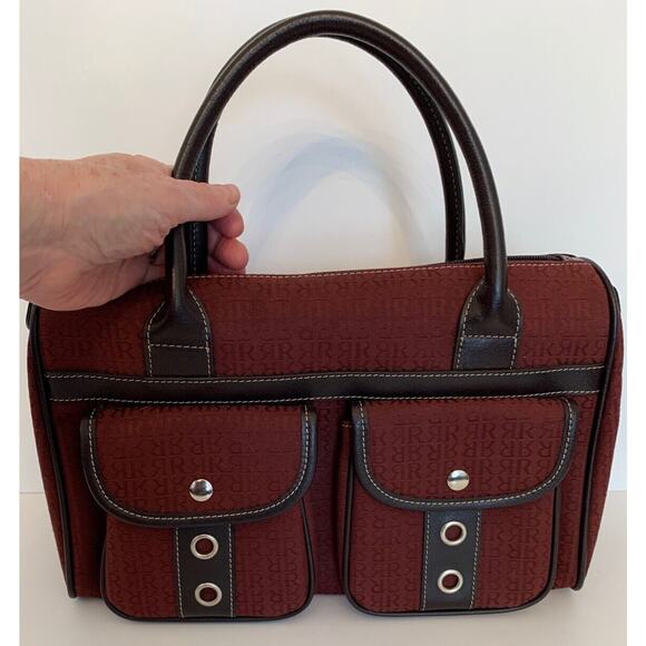 Pedro Rogado Satchel Burgundy Logo Print with Brown Leather Trim Made in Spain - Picture 2 of 10